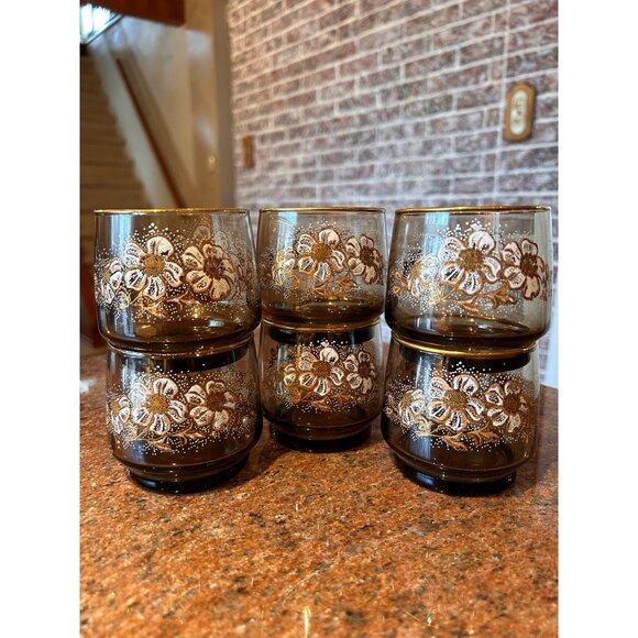 6 Vintage Retro Mid Century Modern Smoke Glass Gold Floral Drinking Glasses Domi - Picture 1 of 3